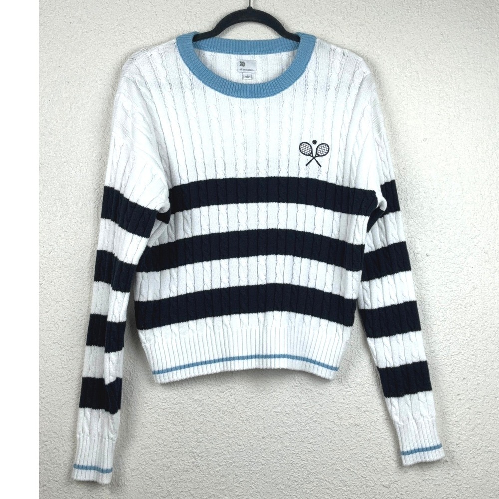 NWT - All in Motion White Striped Tennis Sweater - L - Preppy-OldMoney-Sporty